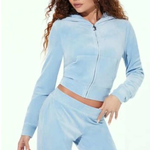 Juicy Couture Velour Full Zip Hoodie Rhinestone Logo Baby Blue NWT Large - Picture 1 of 6